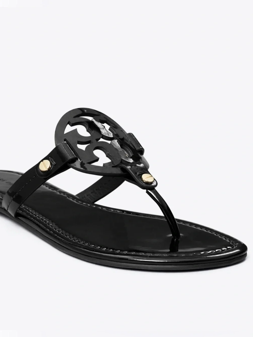 Tory Burch Black Patent Miller Thong Sandal with Gold Accents Size: 7.5